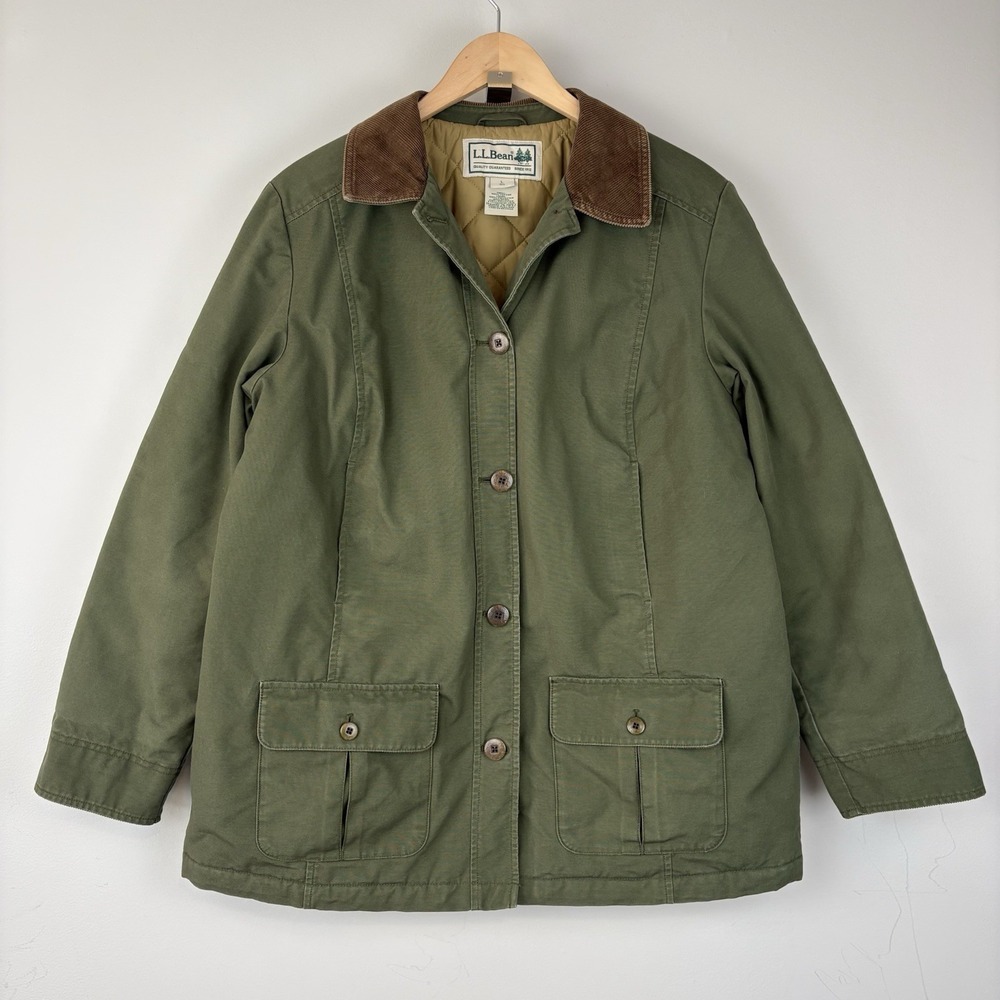 L.L. Bean Mens Olive Green Insulated Field Chore Barn Jacket Sz L Quilted Lining